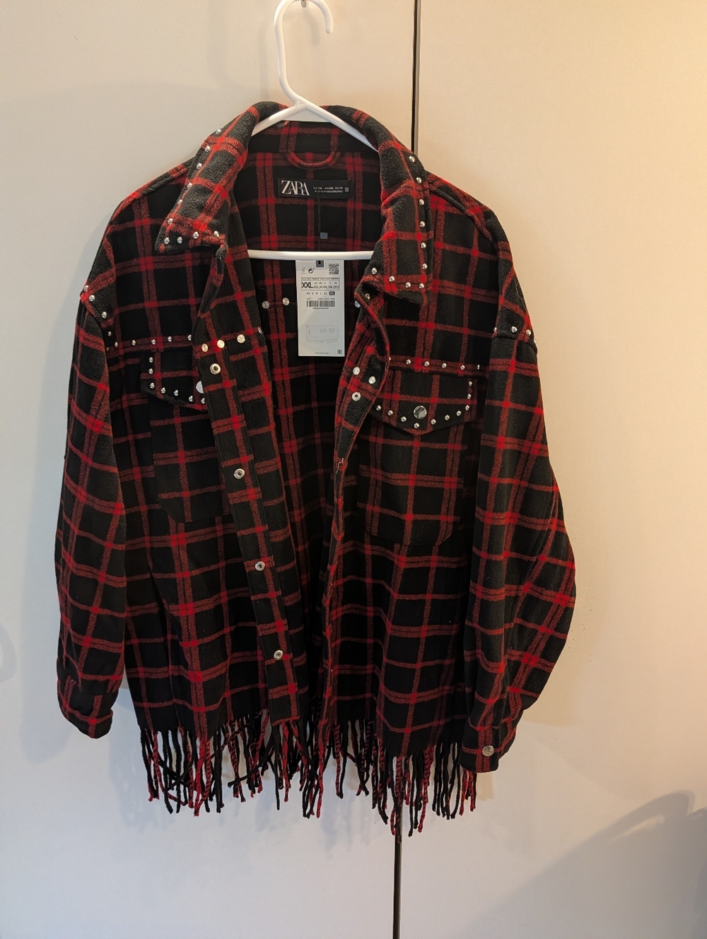 Zara Woman's XXL Black & Red Plaid Studded Fringe Shacket NWT